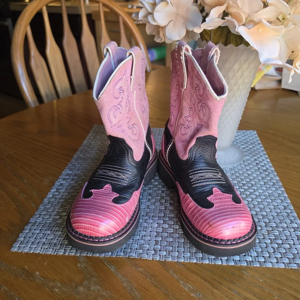 Ariat Girls Youth Size 13 Pink Black Leather Western Cowboy Boots 4LR